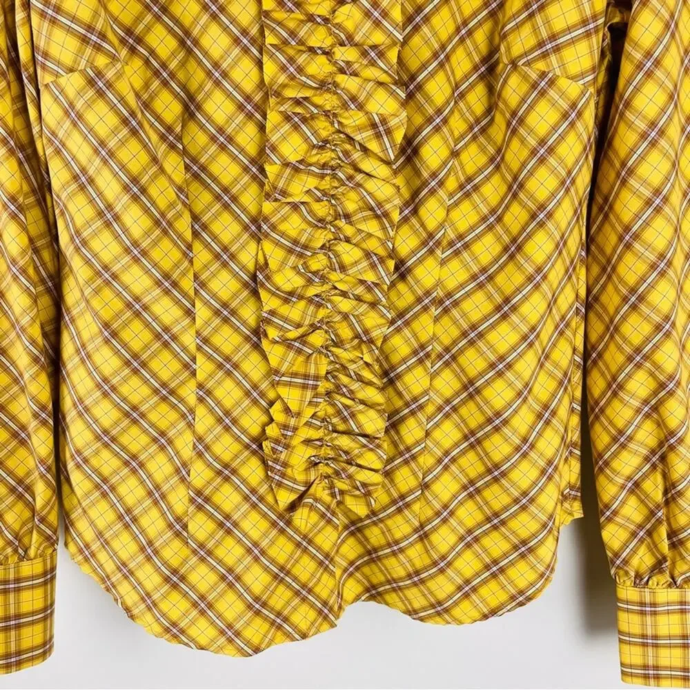 Vintage yellow brown plaid ruffle preppy 90s y2K light academia button top small